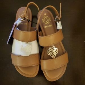 Sam & Libby Tan Double-Strap Girls' Sandals with Gold Emblem